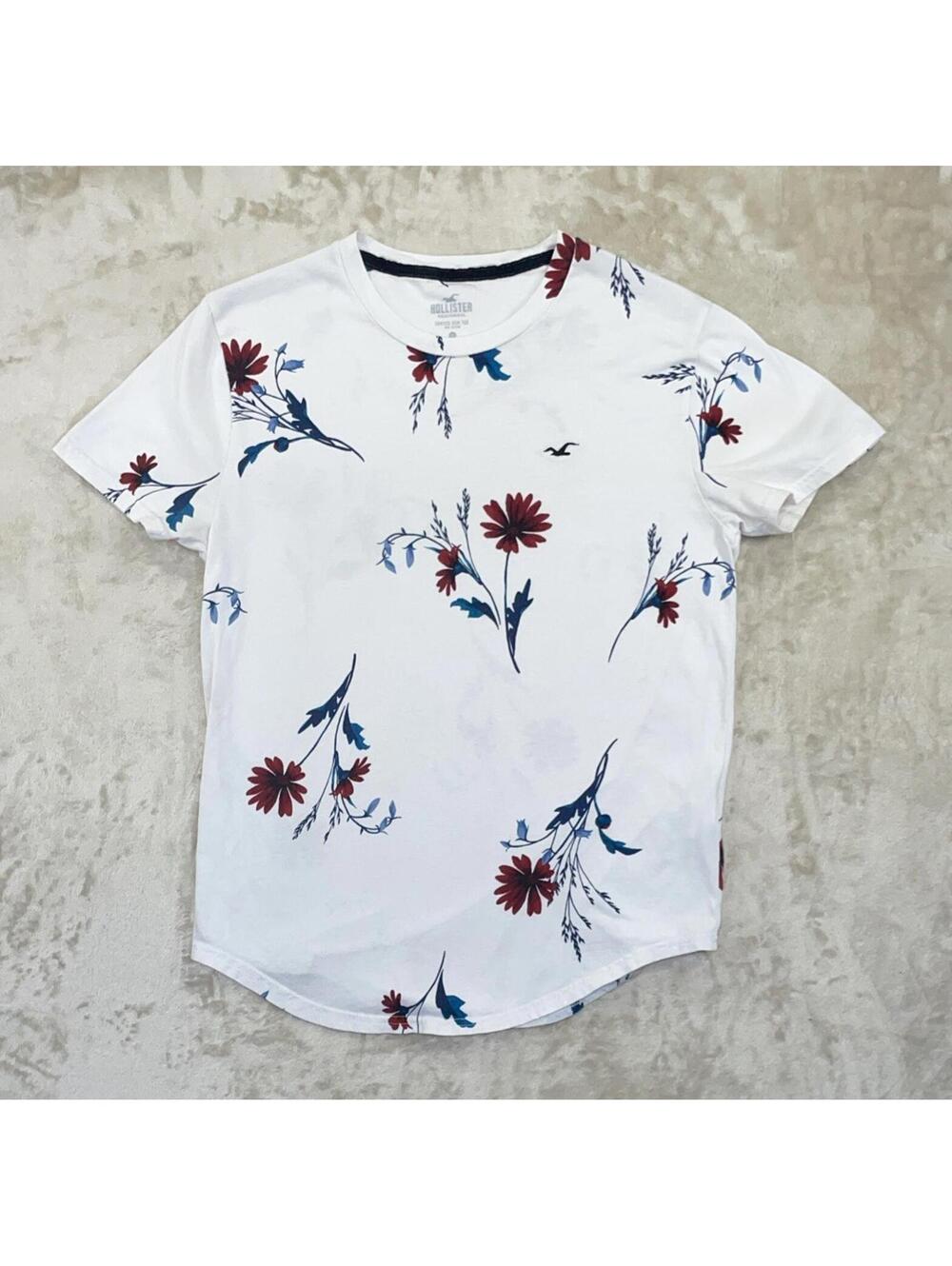 Hollister White T-Shirt-Men’s Sz. Small-All Over Print Flower Curved Hem Tee